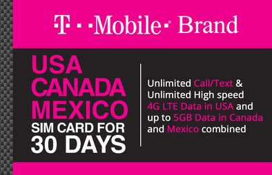 T-mobile Preloaded SIM USA, Canada and Mexico with Unlimited 4G LTE Data 30 days